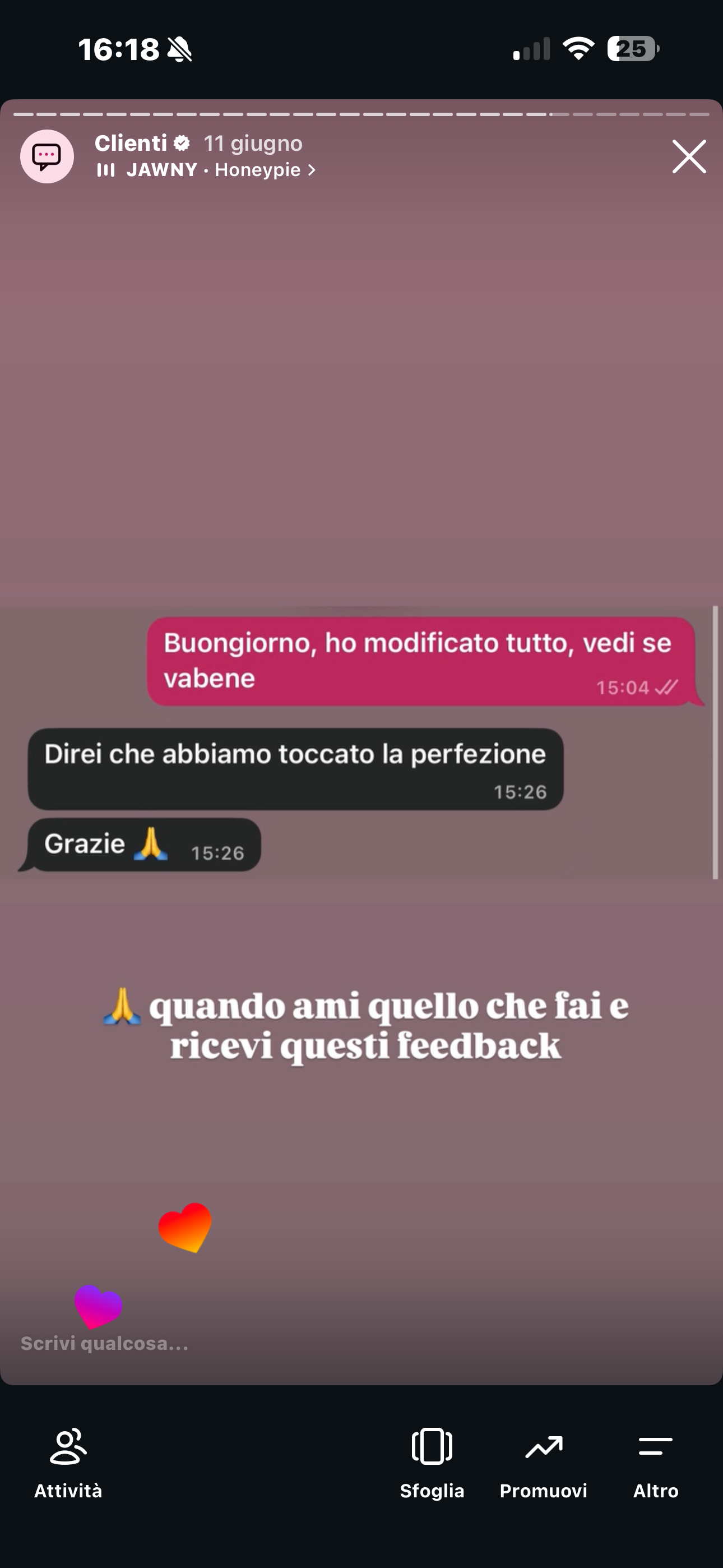 Messaggio di una cliente: direi che abbiamo toccato la perfezione, grazie